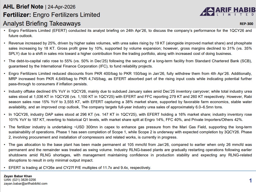 ArifHabibLtd's tweet image. AHL Brief Note - EFERT Analyst Briefing Takeaways (1QCY26)

#KSE100 #PSX #Equities #Pakistan #EFERT