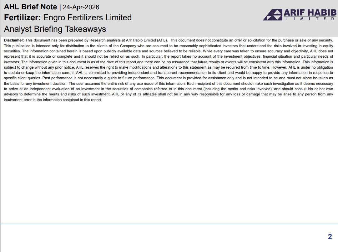 ArifHabibLtd's tweet image. AHL Brief Note - EFERT Analyst Briefing Takeaways (1QCY26)

#KSE100 #PSX #Equities #Pakistan #EFERT