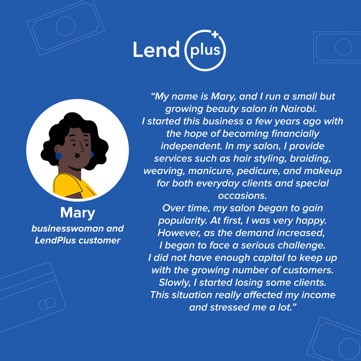 LendplusK's tweet photo. Mary runs a beauty salon in Nairobi — and business was growing fast. More clients, more demand… but not enough stock or working equipment to keep up.
Soon, she had to start turning customers away.
Instead of watching her progress slow down, Mary tried LendPlus 💸✨ https://t.co/jL4iRSTxsL