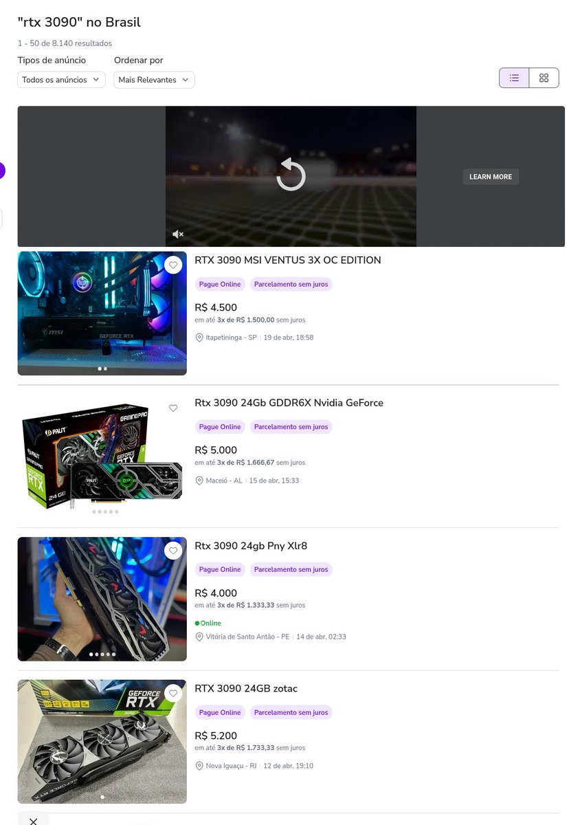 will_vx's tweet photo. @0xSero Here in brazil you can buy 4 rtx3090 for the price of one rtx5090 and 4 rtx5090 for the price of one rtx pro 6000. https://t.co/cgvpEV80bH