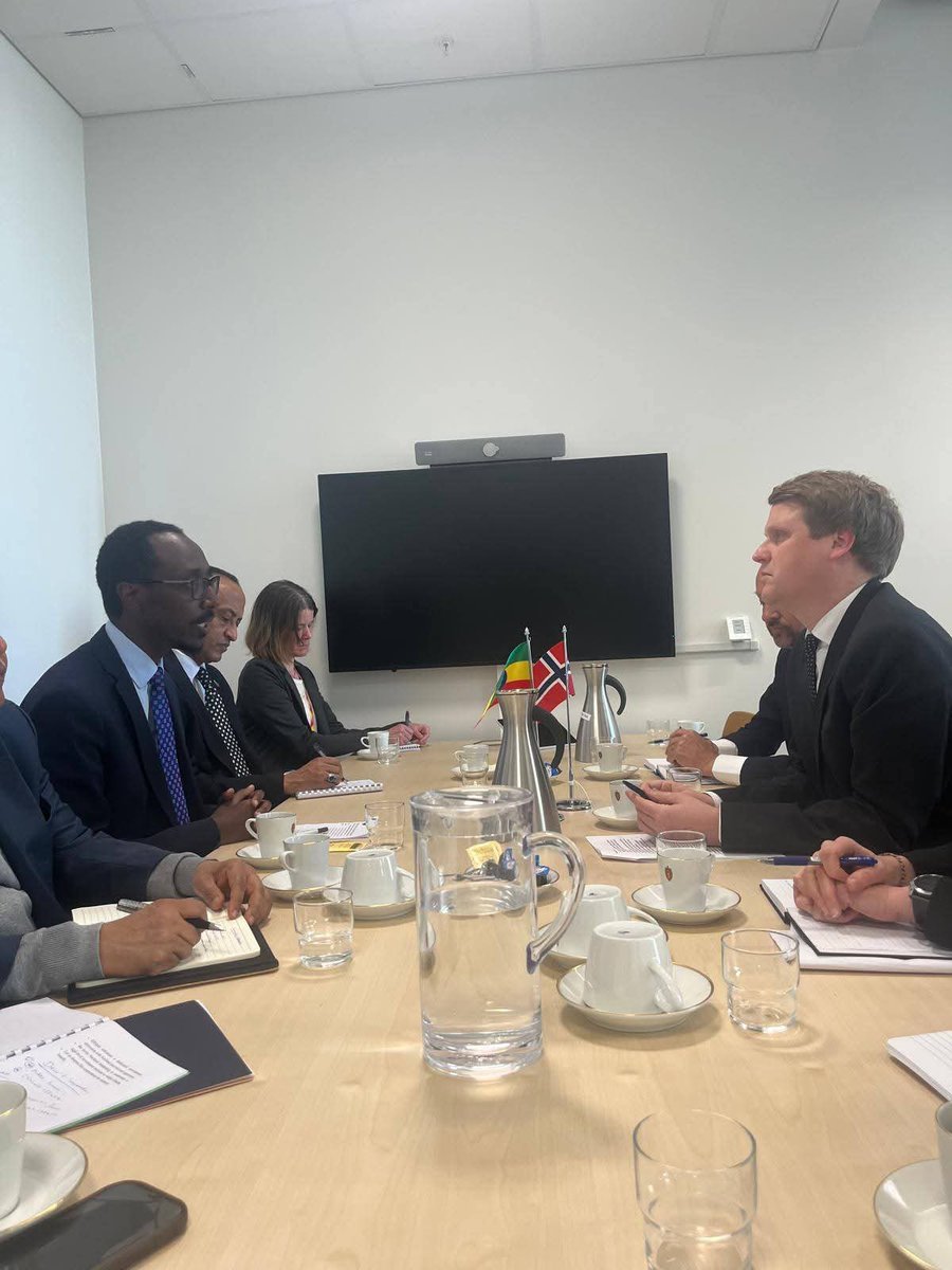 MFAEthiopia's tweet photo. Foreign Minister Gedion Timothewos held discussions in Oslo with the Minister of Foreign Affairs of Norway, Espen Barth Eide.

During the meeting, held as part of Gedion’s ongoing visit to Scandinavian countries, he underscored that there are numerous areas in which Ethiopia and Norway can further strengthen their cooperation.

Highlighting the strong relations between the two countries, Minister Gedion noted that the longstanding friendship should be further expanded, particularly in the areas of trade, investment, and environmental protection.

For his part, Norway’s Minister of Foreign Affairs, Mr. Espen Barth Eide, mentioned that various Norwegian companies are keen to take advantage of the investment opportunities available in Ethiopia. He also affirmed that Norway would extend the necessary support to Ethiopia as it prepares to host COP32.

During his stay in Oslo, Gedion also held discussions with Norway’s Minister of International Development, the Minister of Climate and Environment, the Chief Executive Officer of Norway’s Investment Fund, the Director General of the Norwegian Agency for Development Cooperation, as well as Norwegian investors, focusing on areas of mutual cooperation.