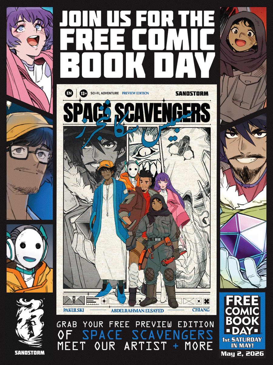 SandstormComics's tweet photo. ساندستورم تحتفل بيوم القصص المصورة المجاني مع عشّاق القصص المصورة في الإمارات، وتقدّم نسخة خاصة من Space Scavengers!

انضموا إلينا يوم السبت 2 مايو في كينوكونيا(دبي مول وغاليريا مول، أبوظبي) وكوميكيف(دبي أوتليت مول). https://t.co/JdwL1lHqZP
