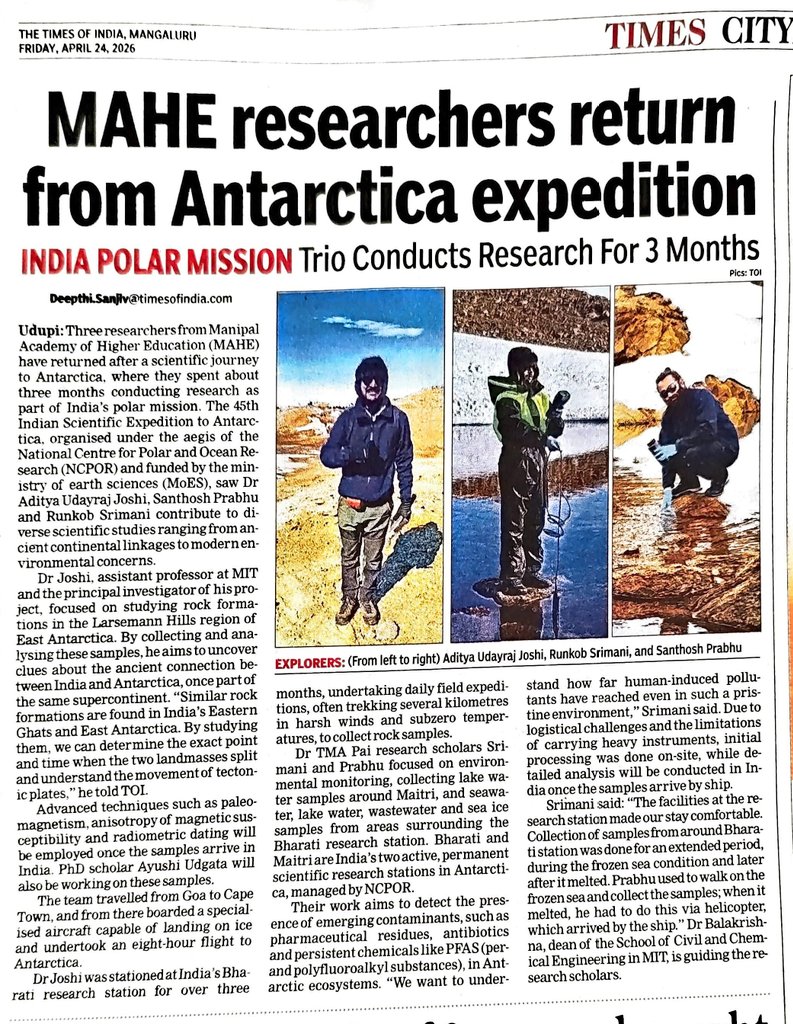 deepthisTOI's tweet photo. #MAHE #researchers return after scientific expedition to #Antarctica @MIT_MANIPAL
 https://t.co/sSEXAYYkbL
Download the TOI app now:
https://t.co/eW93TvfjvK https://t.co/AB6jcFKtvQ