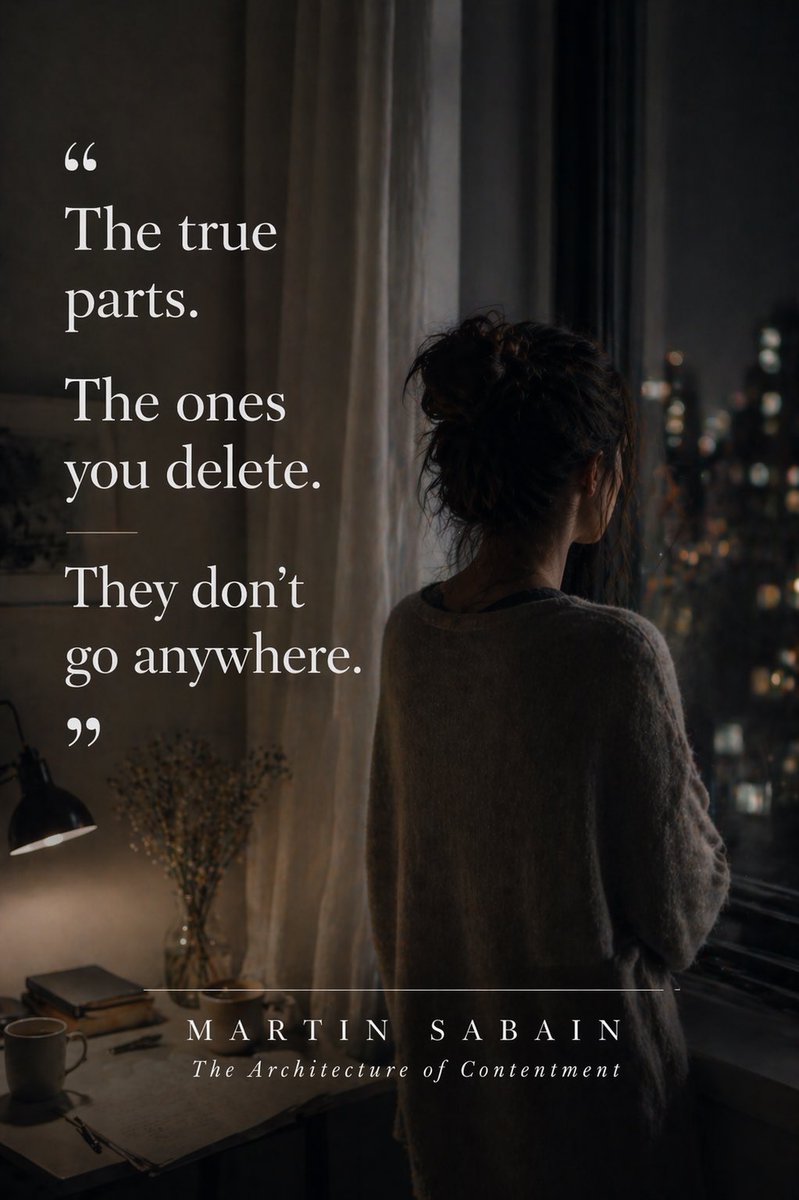 MartinSabain's tweet image. We curate our lives, deleting the messy parts. But those deleted scenes are often where our real stories live.

"The Architecture of Contentment" explores what we leave behind.

#Identity #SocialMediaLife #HonestStorytelling