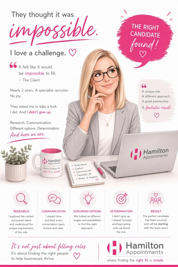 HamiltonAppoint's tweet photo. Client said the role “felt impossible” to fill after nearly 2 years searching &amp; using a specialist recruiter.

A few months later, we found the right candidate and they are starting soon.

Research. Communication. Determination. Results. 💫

#Recruitment #HiringSuccess https://t.co/8fq2YnZ2wm