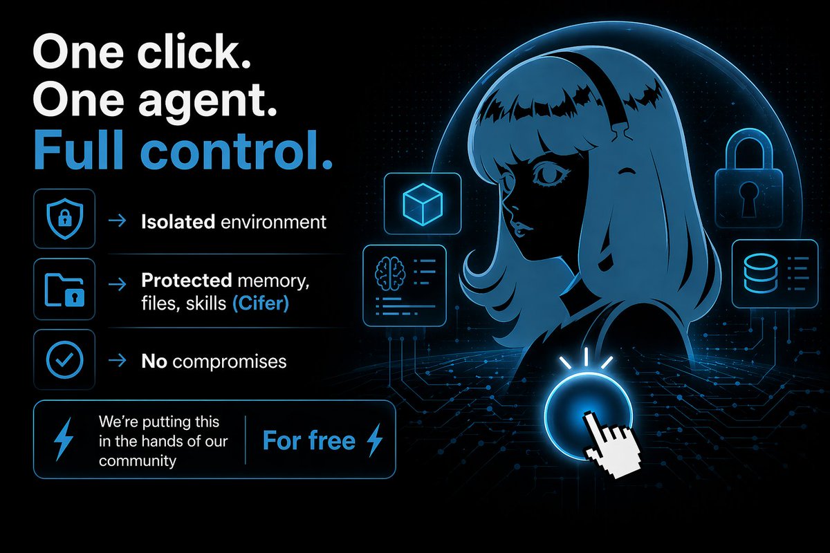 One click. One agent. Full control.

→ Isolated environment
→ Protected memory, files, skills (Cifer)
→ No compromises

We’re putting this in the hands of our community
For free ⚡️

Powered by <a href="/Ternoa_/">ternoa.</a> <a href="/cifer_security/">CIFER | Post-Quantum Encryption</a> <a href="/NousResearch/">Nous Research</a>

#soon