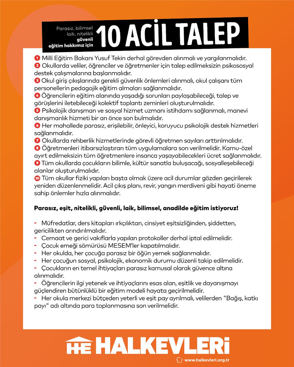 "Güvenli okullar için" önce
 istifa et Yusuf Tekin! 

Milli Eğitim Bakanı Yusuf Tekin, okullarda yaşanan saldırıların ardından bugün "7 basamaklı güvenlik tedbirleri" açıkladı. 

Eğitim alanında yaşanan sorunlara bütünlüklü, pedagojik bir yaklaşım geliştirmeyen, öğretmenleri,