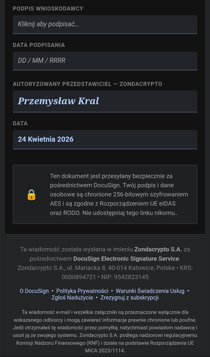 BithubPl's tweet photo. UWAGA: Do klientów zondacrypto trafiają fałszywe maile od zondacrypto z "podpisem" prezesa Przemysława Krala w sprawie odblokowania i wypłaty środków. 

To oczywiście SCAM. Mail ma charakter phishingowy i próbuje zaatakować użytkownika pod pozorem podpisania umowy w serwisie DocuSign. 

Zachowajcie szczególną ostrożność.