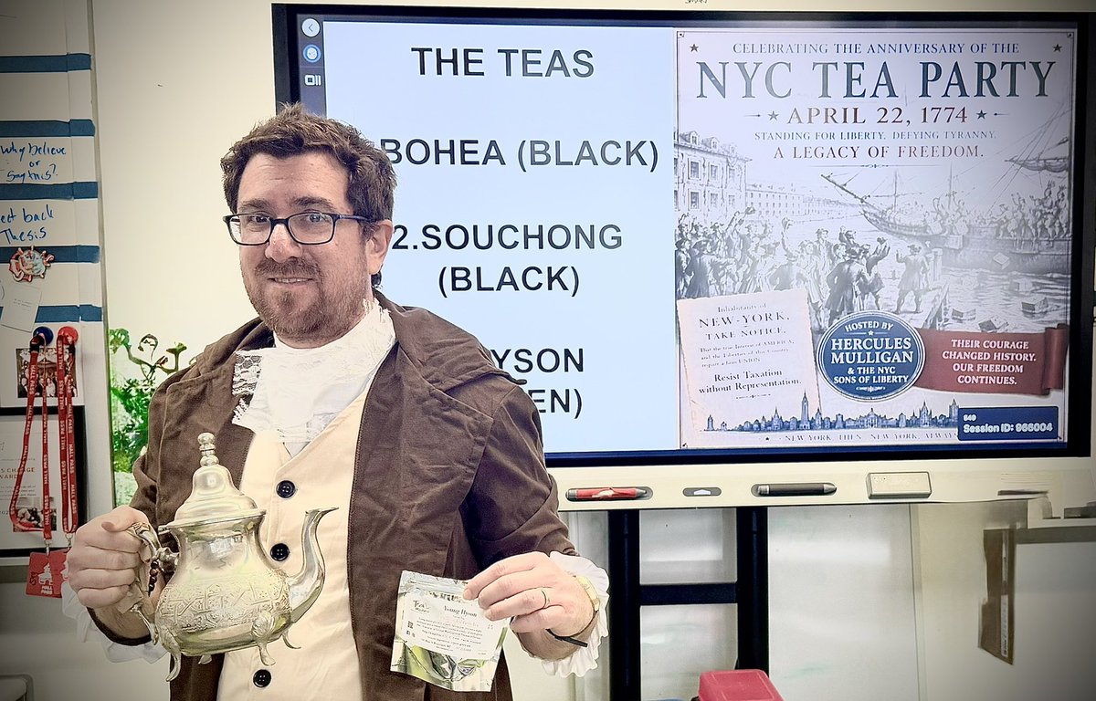 DaveEdelman's tweet photo. April 22, 2026 was the 252nd anniversary of the lesser known NYC Tea Party. My students and I celebrated on Wednesday by reading primary sources connected to the events &amp; drinking the historical teas dumped into the East River during Civics Club @Civics_For_All @manhattanhs https://t.co/bejfQKQ6g0