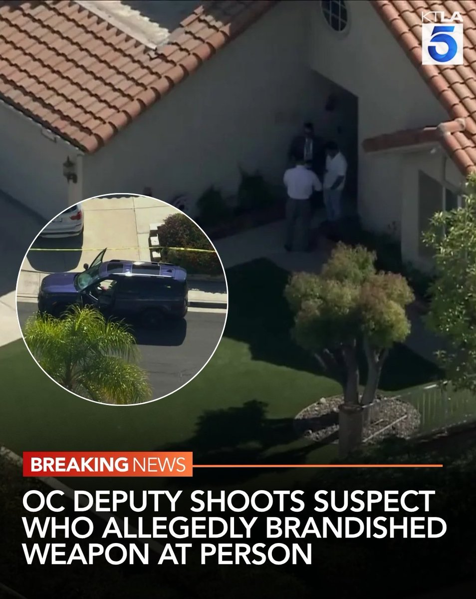 KTLA's tweet image. #BreakingNews: An investigation is underway Friday morning in Lake Forest after a suspect was shot by an Orange County deputy on a residential street following reports of the person brandishing a firearm. ktla.com/news/orange-co…