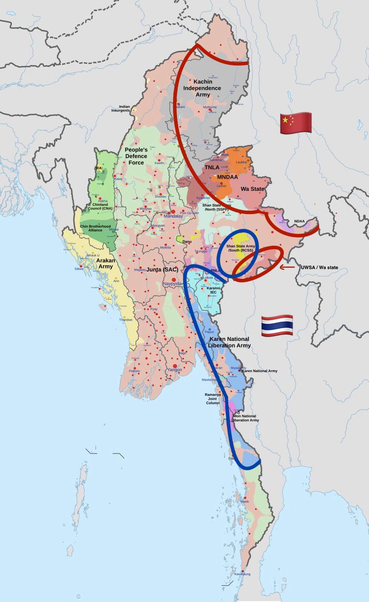 UNtangled2121's tweet photo. #Burma will be partitioned between #India,#China &amp; Thailand within twenty years. 

It’s the Yugoslavia of Asia &amp; its days are numbered.

Blue ares use Thai Baht+language &amp; red use Chinese Yuan+language 

Note:-overlap of blue &amp; red on Thai border. It will become a prob one day https://t.co/RwK1ylVpfp