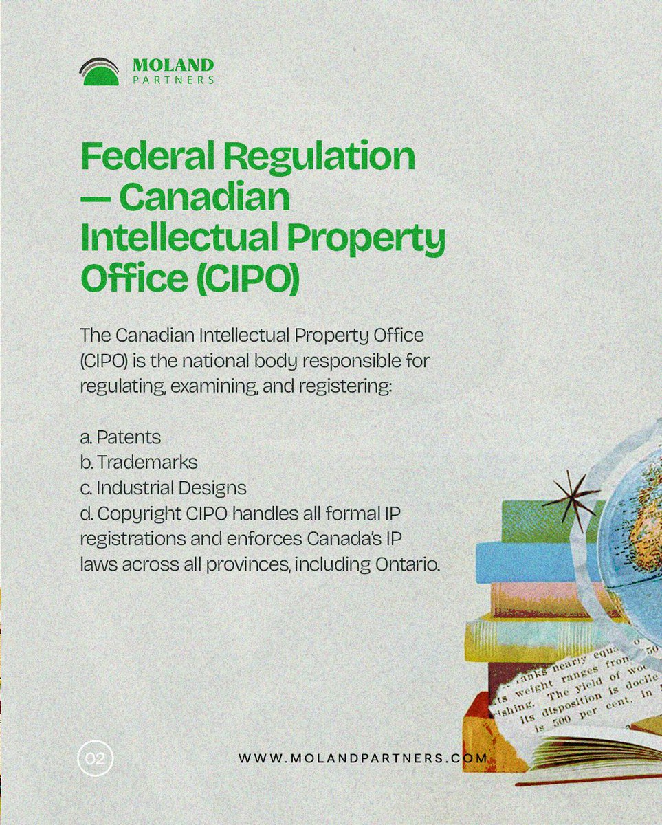 MolandPartners's tweet photo. Intellectual Property (IP) in Ontario is regulated federally by CIPO, while IPON provides provincial support to help creators, businesses, and researchers protect and commercialize their intellectual assets. https://t.co/VUmxBA5rbW