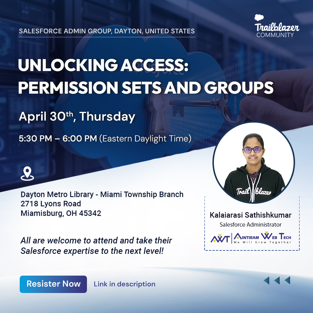 kalaipskn's tweet image. Join us for an upcoming session on simplifying user access in Salesforce using Permission Sets and Permission Set Groups.

📅 Save your spot today.

🔗 RSVP: trailblazercommunitygroups.com/events/details…

#Salesforce #PermissionSets #SalesforceAdmin #Trailblazers #TrailblazerCommunity
