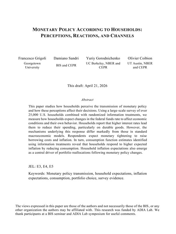 int_mon_econ's tweet photo. Super interesting!

"Monetary Policy According to Households: Perceptions, Reactions, and Channels" by Francesco Grigoli, Damiano Sandri, Yuriy Gorodnichenko, and Olivier Coibion.

"This paper studies how households perceive the transmission of monetary policy and how these perceptions affect their decisions. Using a large-scale survey of over 25,000 U.S. households combined with randomized information treatments, we measure how households expect changes in the federal funds rate to affect economic conditions and their own behavior. Households report that higher interest rates lead them to reduce their spending, particularly on durable goods. However, the mechanisms underlying this response differ markedly from those in standard macroeconomic models. Respondents expect monetary tightening to raise borrowing costs and inflation. In turn, consumption function estimates identified using information treatments reveal that households respond to higher expected inflation by reducing consumption. Household inflation expectations also emerge as a central driver of portfolio reallocations following monetary policy changes."

https://t.co/mAEM5gQFB9