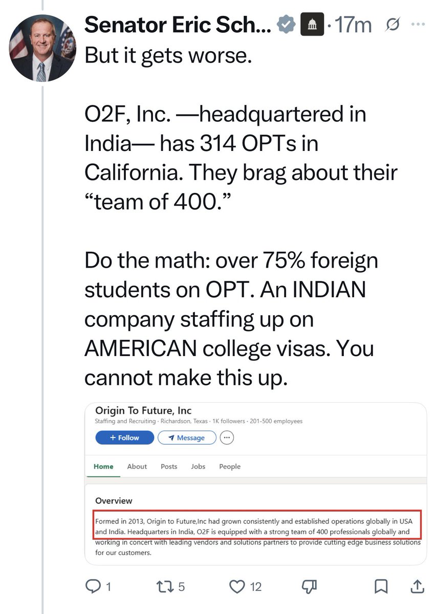SanDiegoKnight's tweet photo. 🚨 THIS IS AN ABSOLUTE SCANDAL — Big Tech and foreign companies are straight-up STEALING American jobs with taxpayer money, and Sen. Eric Schmitt just dropped a NUCLEAR thread exposing the OPT program as a full-blown jobs heist in California!

While Rep. Eli Crane’s End H-1B Visa Abuse Act (powered by Rep. Tom McClintock’s critical subcommittee chair sponsorship) gains real momentum toward a vote, Schmitt just exposed the backdoor replacement racket:

•  46,547 foreign OPT workers flooding California jobs at 19,285 employers

•  Sweet 15%+ payroll tax subsidy for cheap foreign labor on steroids

•  India-based O2F, Inc. alone has 314 OPT hires — over 75% of their “team” are foreign students

•  Woke DEI NGOs, Gold’s Gym, Indian restaurants, and more abusing the system with jobs that have ZERO relation to their majors

Americans are being FIRED and REPLACED while Big Tech pockets the savings. ENOUGH IS ENOUGH.

Crane’s bill + Schmitt’s exposé = time to SHUT THESE BACKDOORS DOWN NOW and put American workers and graduates FIRST!

Listen to Crane lay into the H-1B abuse 👇
https://t.co/8yjORsutbA

RT & quote if you’re DONE with this abuse and want America First tech jobs protected! 🔥

#EndH1BAbuse #EndOPTAbuse #AmericaFirst #ProtectAmericanJobs #H1BReform

@RepEliCrane @RepMcClintock @SenEricSchmitt @realDonaldTrump @BreitbartNews