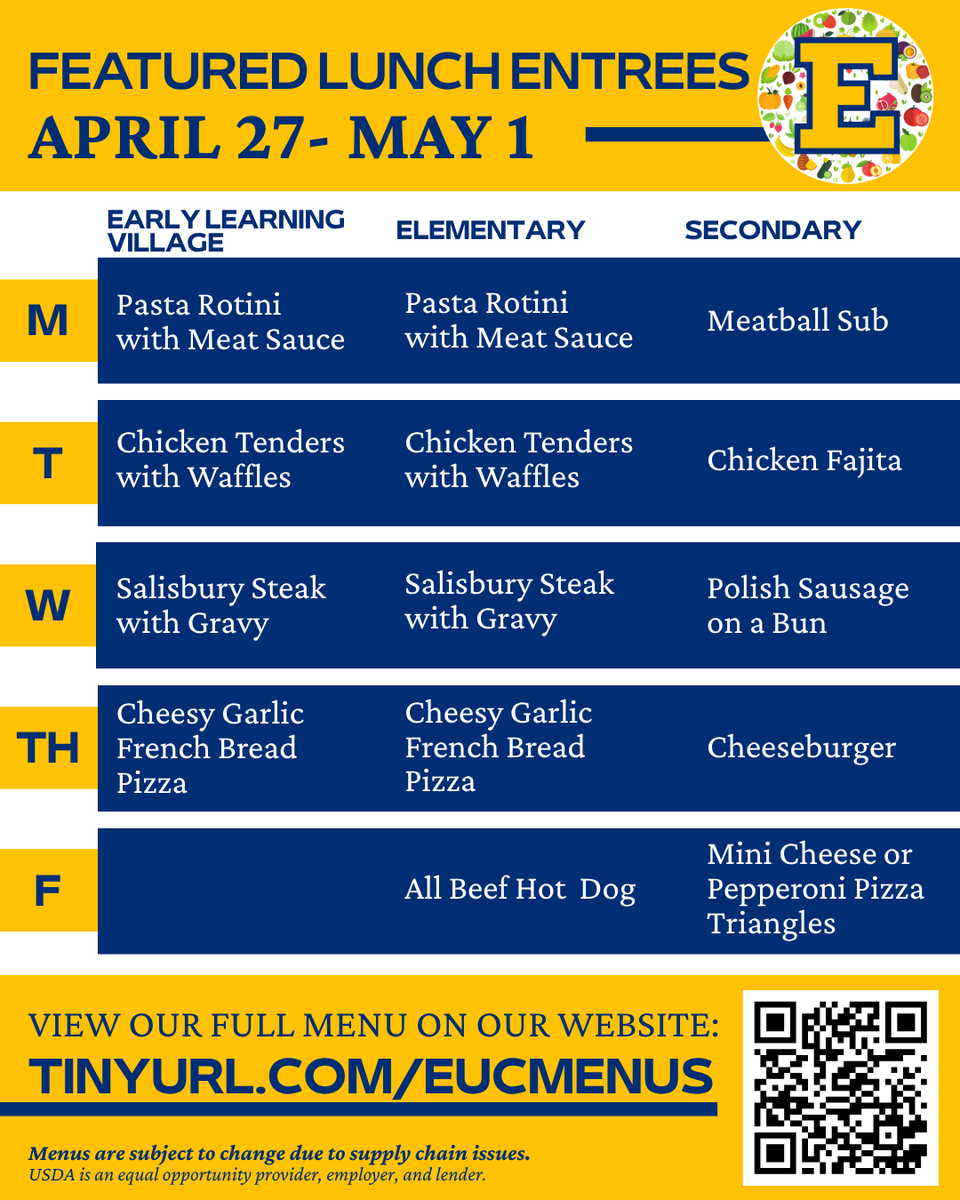 eucschoolmeals's tweet photo. Unlock your potential with every bite of our amazing #SchoolMeals. It's not just lunch, it's a step towards greatness! 🍕📖

Please see our complete menu on our website: https://t.co/jh9oVcnELF

*Menus are subject to change due to food availability. Thank you!

@euclidschools https://t.co/TLPpPyOKZn