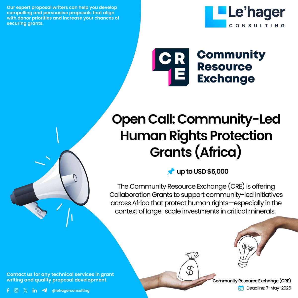 LehagerConsult's tweet image. 📣 New #Funding Opportunities You Shouldn’t Miss

🔹 #Community Resource Exchange (CRE)

rightsindevelopment.org/news/cre-call-…

🔹 Luena Foundation

luena.org/calls-for-prop…

📩 info@lehagerconsulting.com
📲 +251950393049

🔔 Follow for #grant alerts

t.me/lehageropportu…
