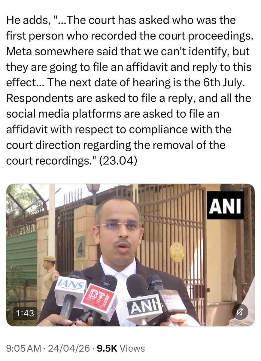 Vaiibbhav's tweet photo. Notice issued in PIL filed by me against @ArvindKejriwal &amp; many Political Leaders for unauthorised recording/reposting of court proceedings of High Court.

Delhi High Court directed Google Meta &amp; X to remove videos of court proceedings
@LiveLawIndia @barandbench @LawBeatInd @ANI https://t.co/Z2tyqMmUYP