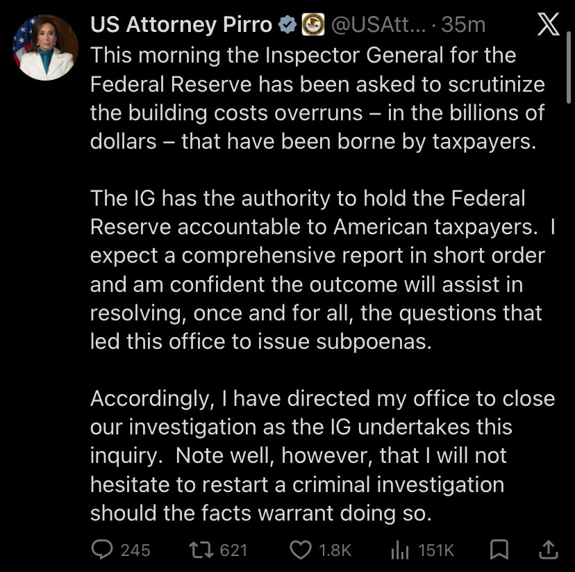 beiyis's tweet photo. US Justice Department dropping criminal probe into Fed Chair Jerome Powell, clearing the way for his successor’s confirmation.

Senator Thom Tillis on the Senate Banking Committee earlier said he would block Fed appointments until the probe was resolved. https://t.co/zKKMda55o7