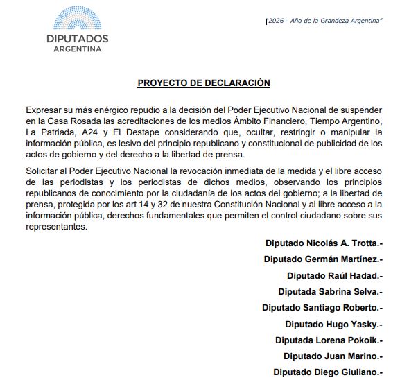 Sin libertad de expresión no hay democracia
El Gobierno decidió cerrar la Casa Rosada a periodistas y suspender acreditaciones a medios. Un hecho gravísimo que atenta contra la libertad de expresión.
Frente a esta decisión autoritaria, desde los diferentes bloques opositores