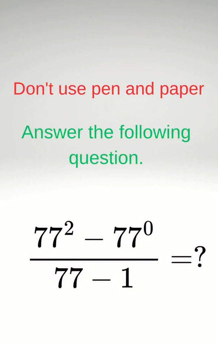Infinite_Logiz's tweet image. no pen no paper ❌
power of mind🧠 
📍pen ❌
📍paper ❌
📍mind ✅ 
📍just use your mind
📍don't use pen and paper 
#mathematic #mathfun