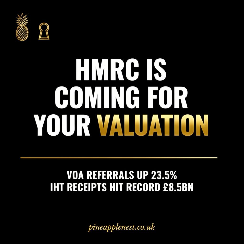 HMRC referrals to the Valuation Office Agency: +23.5% in a year. IHT receipts: record £8.5bn. Nil-rate band: frozen til 2031.

The probate valuation racket is over.

Get a RICS Red Book valuation. Get real buyer demand. Stop guessing. 🍍

pineapplenest.co.uk/blog/hmrc-prop…