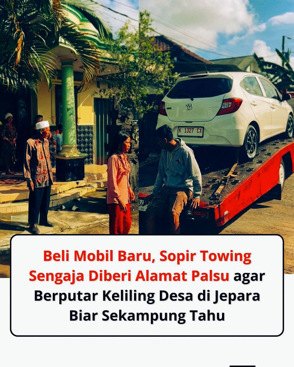 Aksi unik seorang pria di Jepara mendadak viral setelah momen pengantaran mobil barunya beredar di media sosial. Bukannya langsung sampai tujuan, sopir towing justru dibuat berputar-putar mengelilingi desa.

Hal itu diduga karena pemilik mobil sengaja memberikan alamat yang tidak