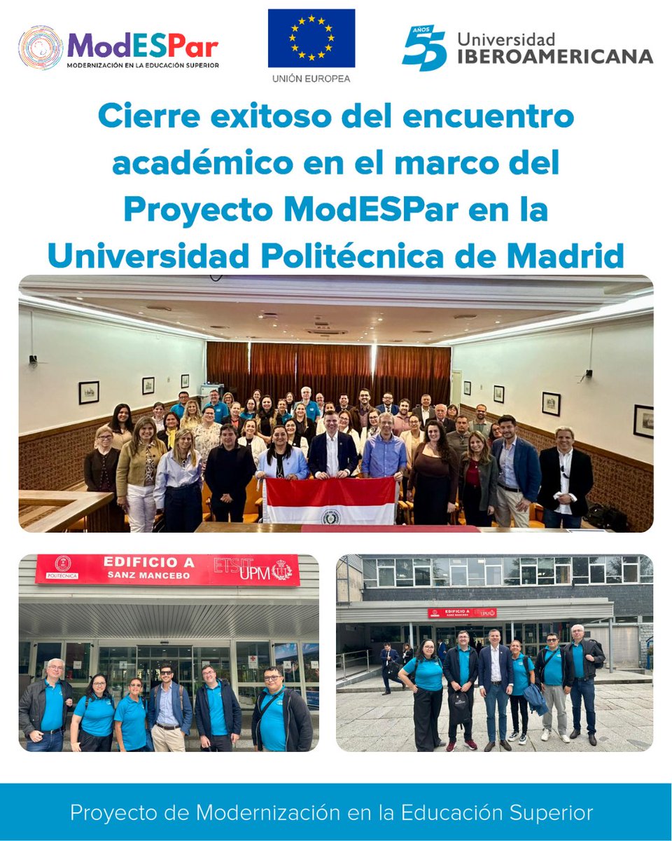 unibepy's tweet image. Nuestra delegación cerró con éxito su participación en el encuentro académico de la Universidad Politécnica de Madrid, como parte del Proyecto ModESPar.
¡Estamos orgullosos de este equipo que sigue dejando en alto el nombre de nuestra universidad! 
#UnibePy #ModESPar