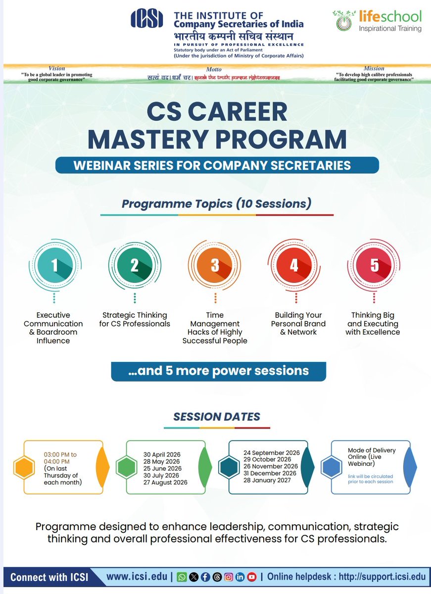 icsi_cs's tweet image. #ICSI introduces #CS Career Mastery Program, a Webinar Series in association with Life School, Pune, for continued development of #CompanySecretaries
