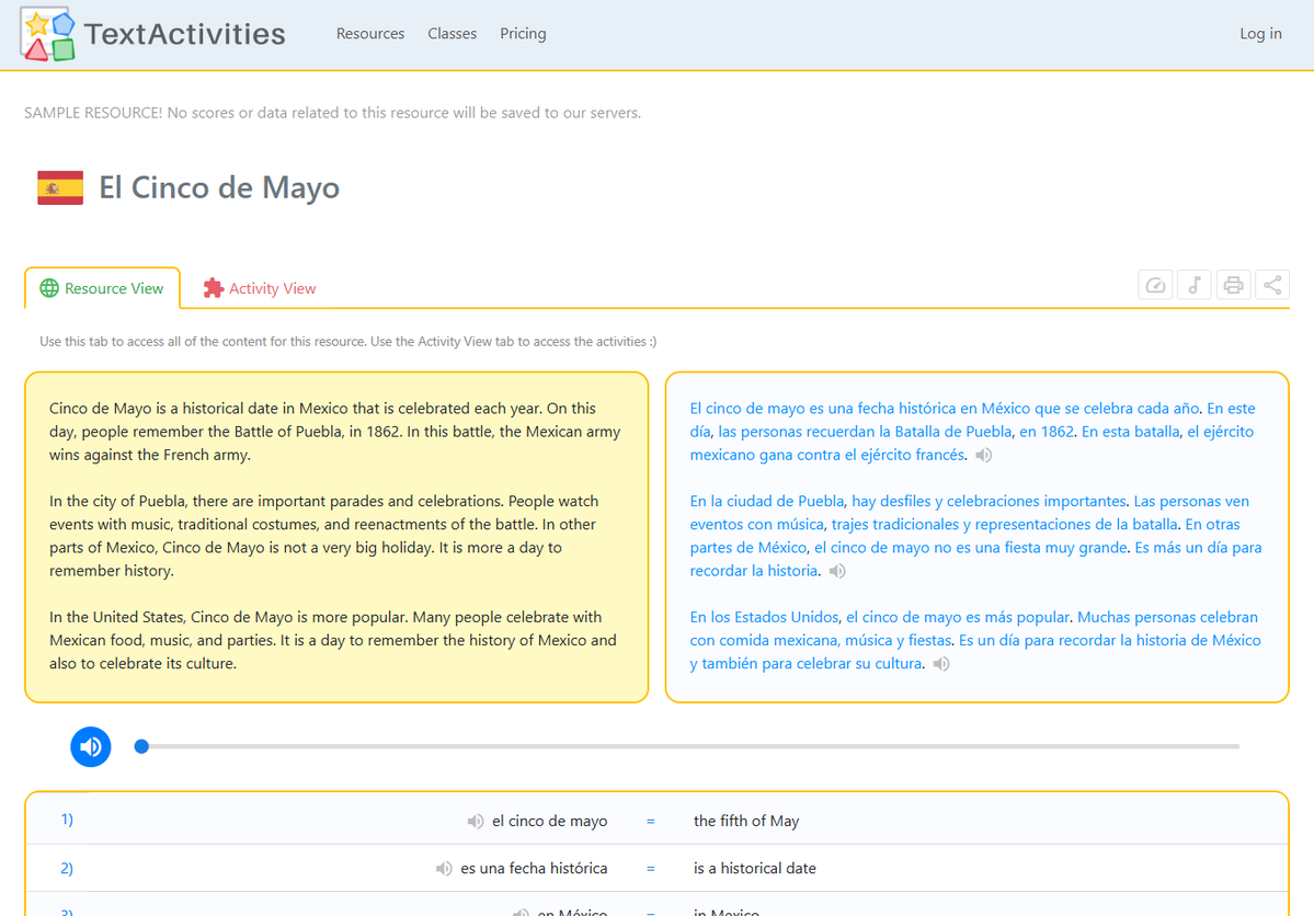 TextActivities's tweet image. I know that a lot of FL teachers in the USA like to do something on "El Cinco de Mayo" each year. So I've made available this free / sample resource based on an AI-generated text + English translation + vocab chunks
🌎 textactivities.com/resource-sampl…

#mfltwitterati #flteach #langchat