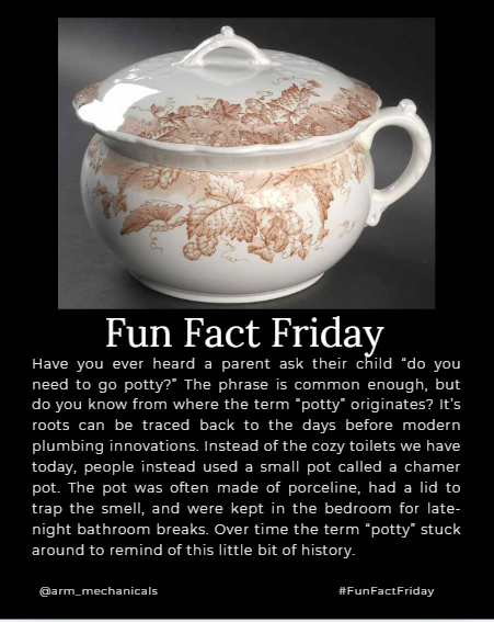 arm_mechanicals's tweet image. It's always interesting to see how our language has evolved to keep around little pieces of our history. Did you know that this is where the term "potty" comes from? #FunFactFriday #PlumbingFacts