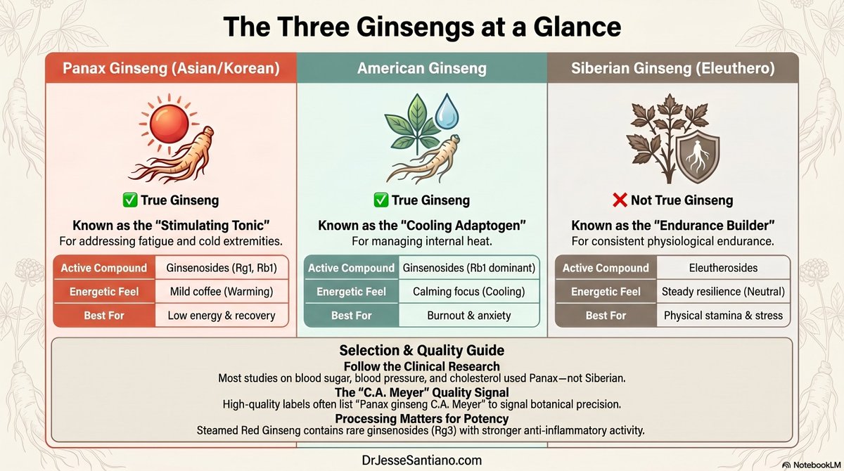SanJe13945's tweet image. Three plants. One name. Not the same thing.

Panax. American. Siberian.

One backs the research. One calms. One isn't ginseng at all.

Before you buy—know the difference.

🎧 Audio included.

👇 Link in the comments.

#PanaxGinseng #SupplementBuyingGuide #Ginseng