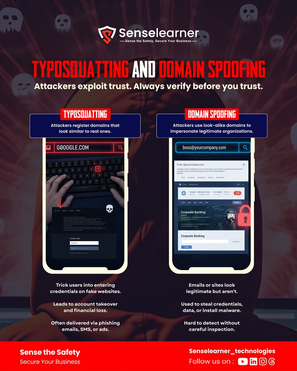 SenselearnerL's tweet photo. Attackers don’t hack systems first—they hack trust. ⚠️
A single typo or a fake domain can cost your business everything.

🔍 Stay alert.
✔️ Check URLs carefully
✔️ Verify email senders
✔️ Don’t trust lookalikes

Because in cybersecurity, what looks real isn’t always safe. https://t.co/9TbV62QPL8