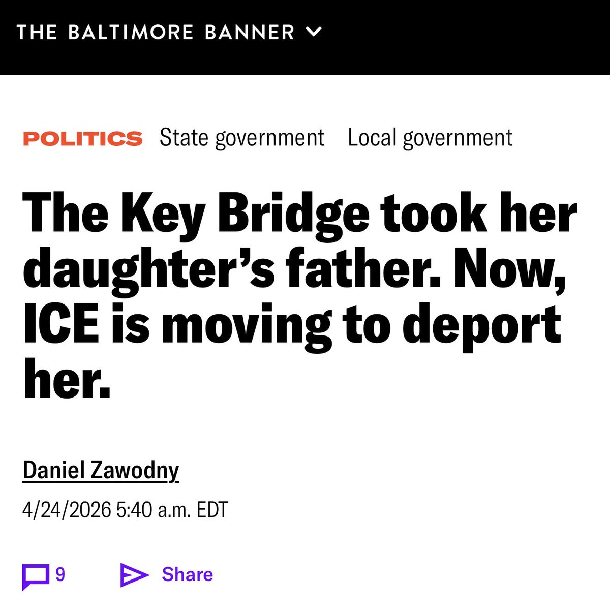 This 5 year old girl lost her father in the Key Bridge collapse &amp; now ICE is deporting her mother.

Trump’s ICE operation is going after the weakest, not the worst.

This is the kind of inhumanity we must end. 

thebanner.com/politics-power…