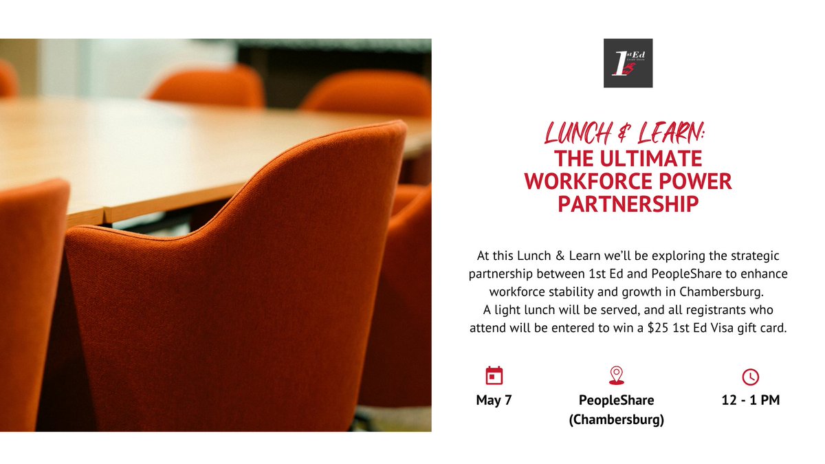 This May, we're teaming up with PeopleShare in Chambersburg for a Lunch &amp; Learn! Join us to explore our strategic partnership to enhance workforce stability and growth. We hope to see you there!
Learn more and register at forms.gle/NXjPBF1RetmKbs…
