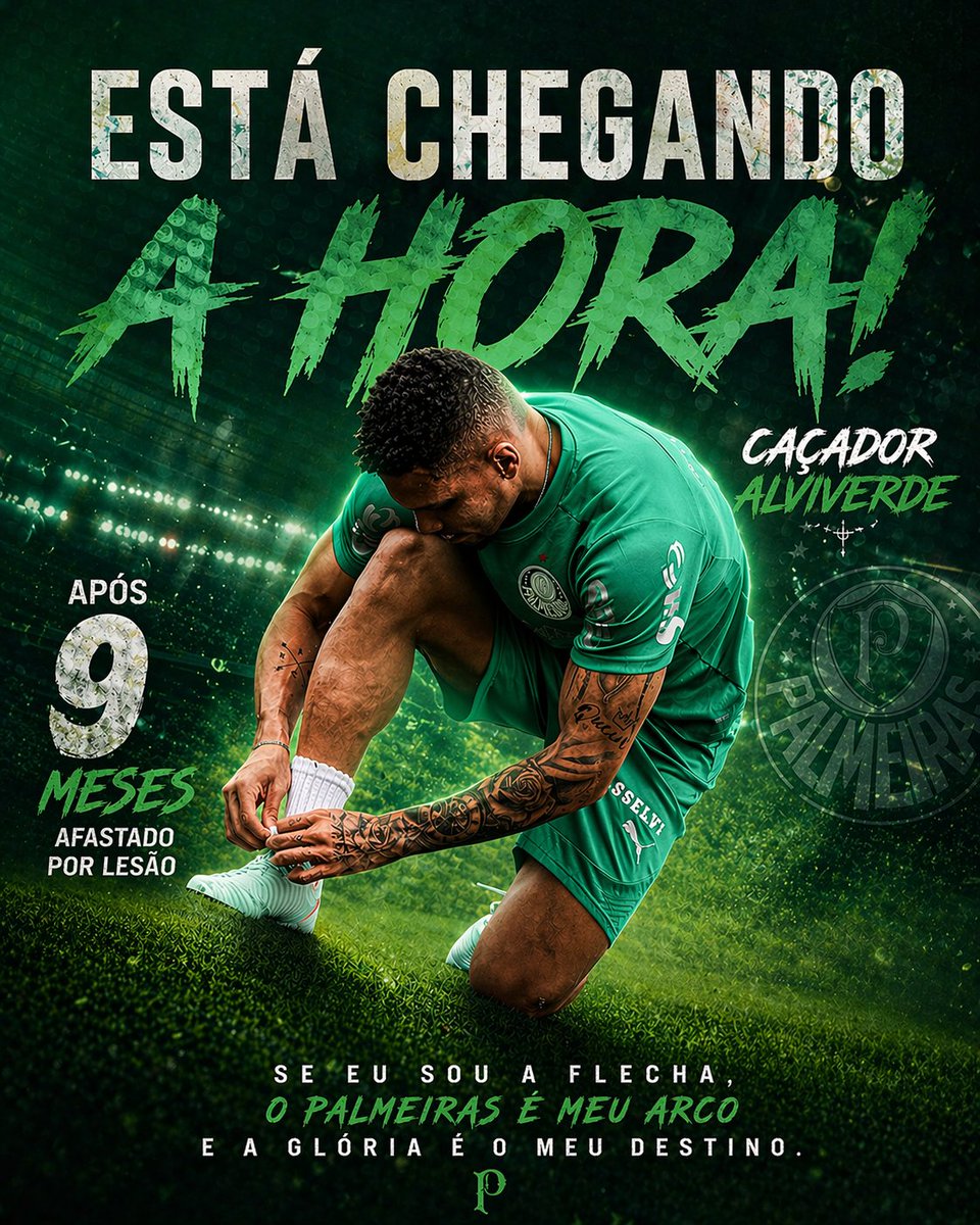Após 9 meses de batalha, dor e superação… a espera está chegando ao fim. ⏳💚

Se ele é a flecha, o Palmeiras é o arco… e a glória é o destino. 🏹🐷

Está chegando a hora, Caçador Alviverde. Avanti, Paulinho! 💚