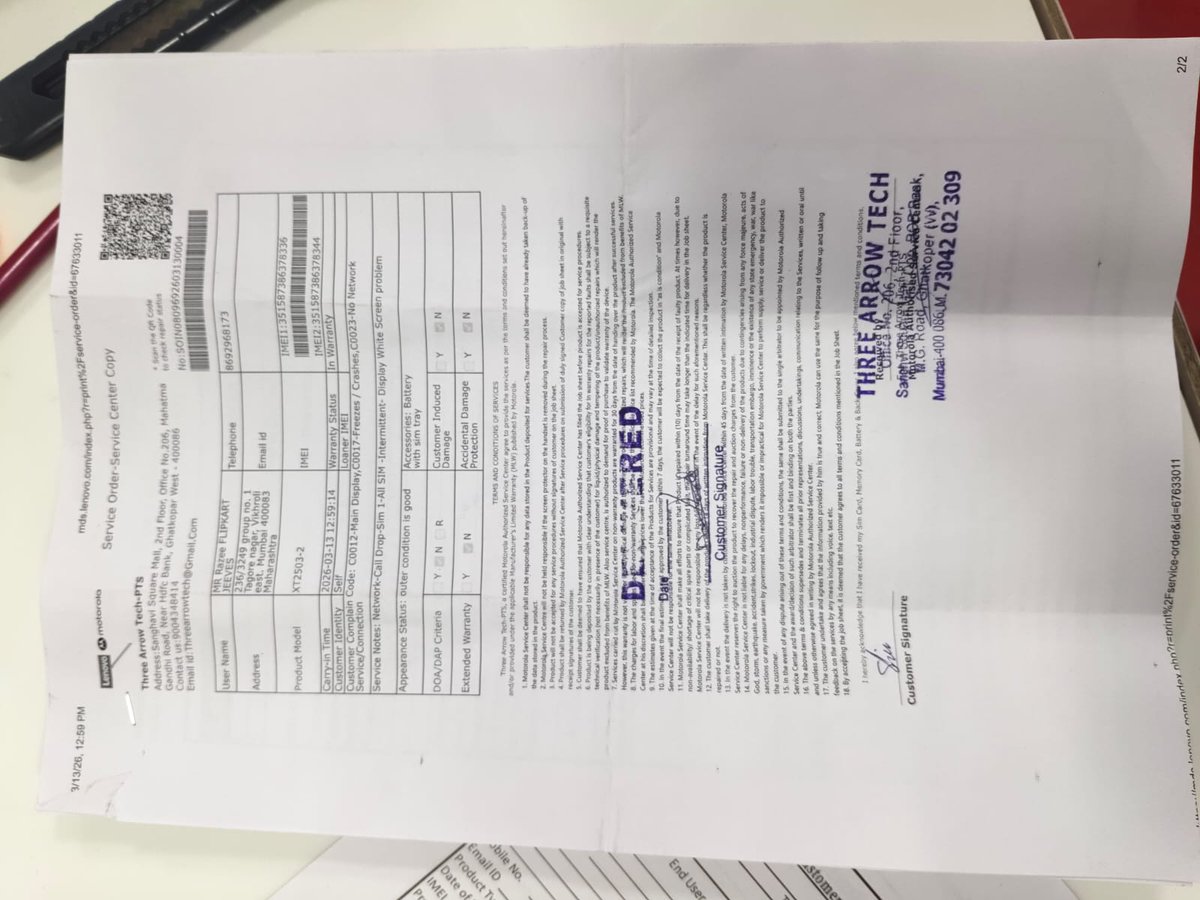 qrazee24's tweet photo. Sharing both service reports below 👇
First report: “No physical/liquid damage”
Now: suddenly marked as “Liquid Damage” &amp; warranty denied.
My Motorola Edge 60 Fusion had issues within 9 days (display lines, restarts, network failure). https://t.co/aeH4CDCsav
