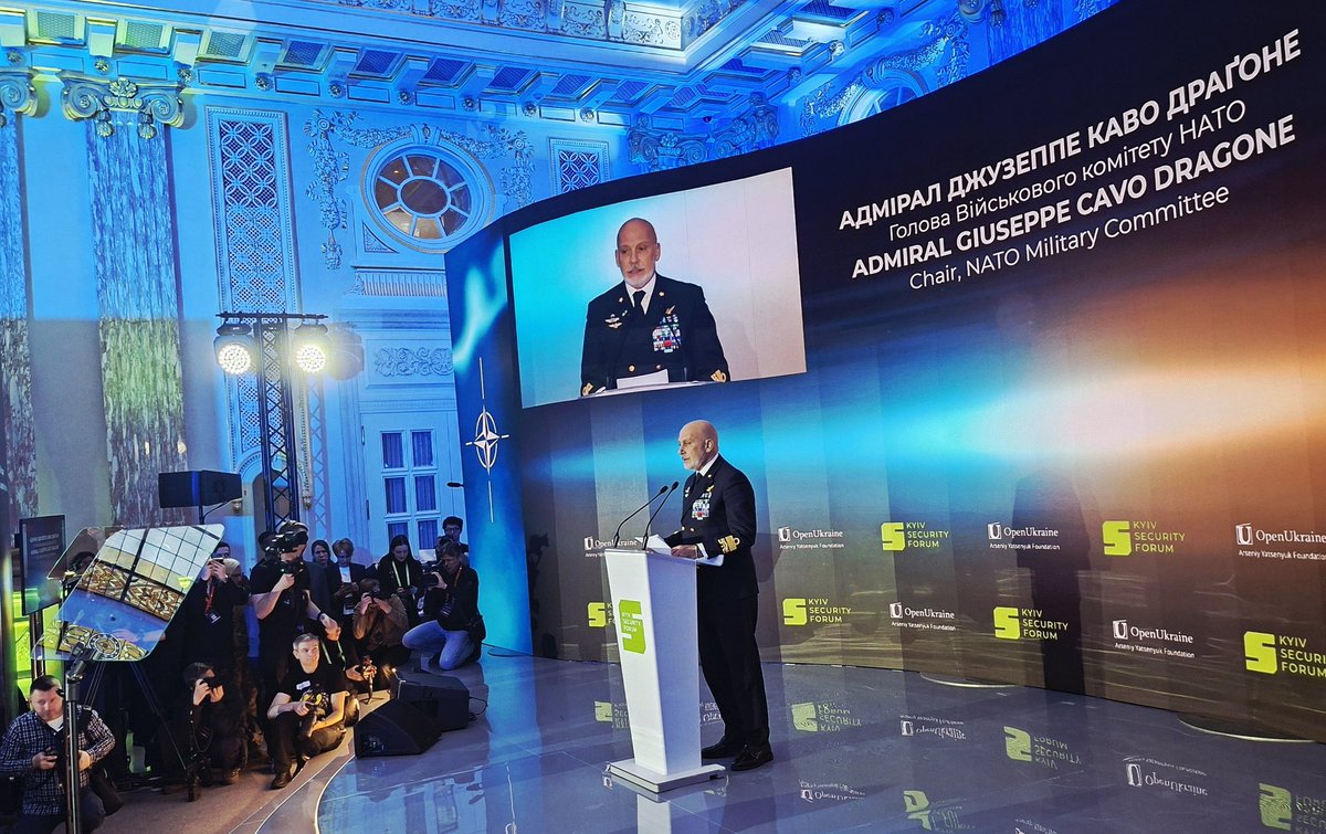 NATO_PASCAD's tweet photo. On 23-24 April, @CMC_NATO participated in the 18th #KyivSecurityForum.
In his keynote address, Admiral Cavo Dragone highlighted #Ukraine’s continued achievements, from preserving its sovereignty and denying Russia’s quick victory to #adapting under fire, with remarkable speed.
“Even after years of war, Ukrainians still reject the idea that insecurity can be traded for peace,” said CMC.
In a #KSF panel discussion, CMC outlined the way forward to enhance a stronger collective defence and strengthen Ukraine’s Armed Forces: Keywords are #capability, #readiness, and #endurance, including ammunition, maintenance, logistics, and training.
Read more here ➡️ https://t.co/6zUR5pv0fK
#KSF2026
@ksfopenukraine
#StrongerTogether
#StandwithUkraine