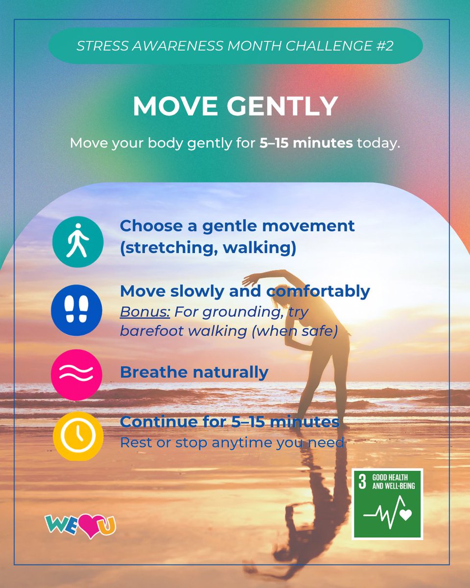 weloveuusa's tweet image. Stress Awareness Month ✨

Take 5–15 minutes to move today—stretch, walk, or reset your body and mind.
Small steps matter 👣

#WeLoveU #StressAwarenessMonth #WellnessChallenge