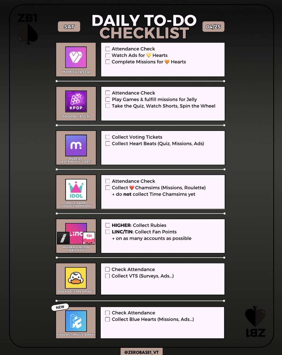 ZEROBASE1_VT's tweet photo. [ 📋 DAILY TO-DO LIST ] 

 ZEROSE 🌹 New task added! Keep collecting!

🏆 Comeback Collection:
— MUBEAT (Heart Beats)
— IDOL CHAMP (Ruby Chamsims, NO Time Chamsims!)
— LINC/TIN (Fan Points) 
— HIGHER (Rubies)
— DUCKAD (VTS)
— FANCAST (Blue Hearts) 🆕

#ZEROBASEONE #ZB1 #제로베이스원