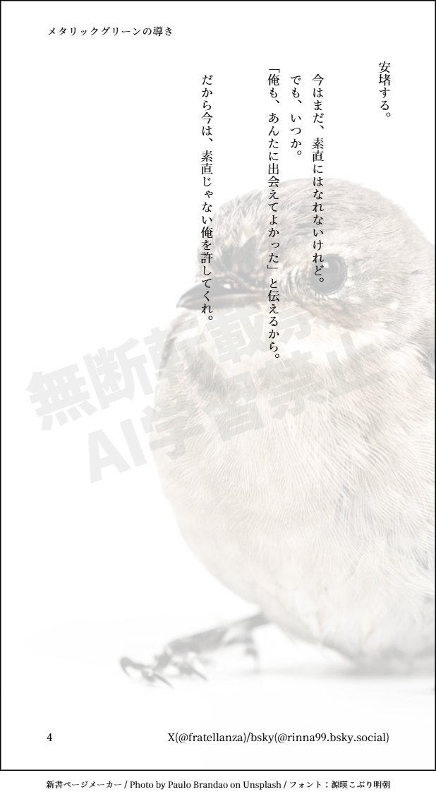 #きらばりワンドロワンライ

シンキラSS(全4P)
お題：トリィ/幸せの緑の鳥
現パロ。⚠️准将女装注意！
訳アリ少年sn×訳アリメイド♂kr。
准将がsnを見つけた時のお話。

snぬいに黒いパーカー着せて准将ぬいにメイド服着せたのがきっかけで生まれた作品。
リプにぬいの写真を載せておきます。