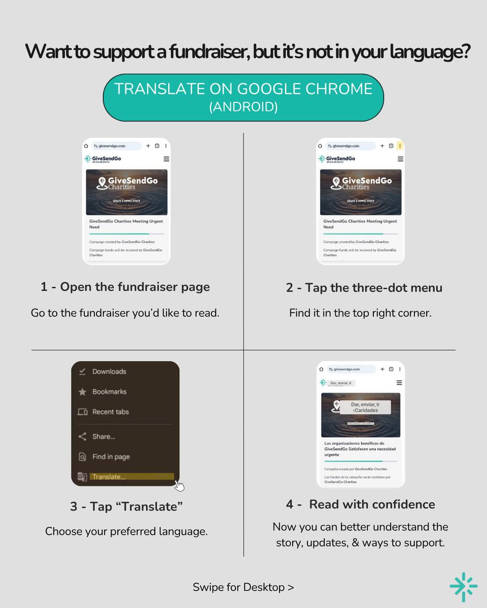 GiveSendGo's tweet image. Want to support a fundraiser, but it’s not in your language?

Swipe through to learn how to translate fundraiser pages on iPhone, Android, and desktop.

Explore causes that matter:
givesendgo.com/campaigns?utm_…

#GiveSendGo