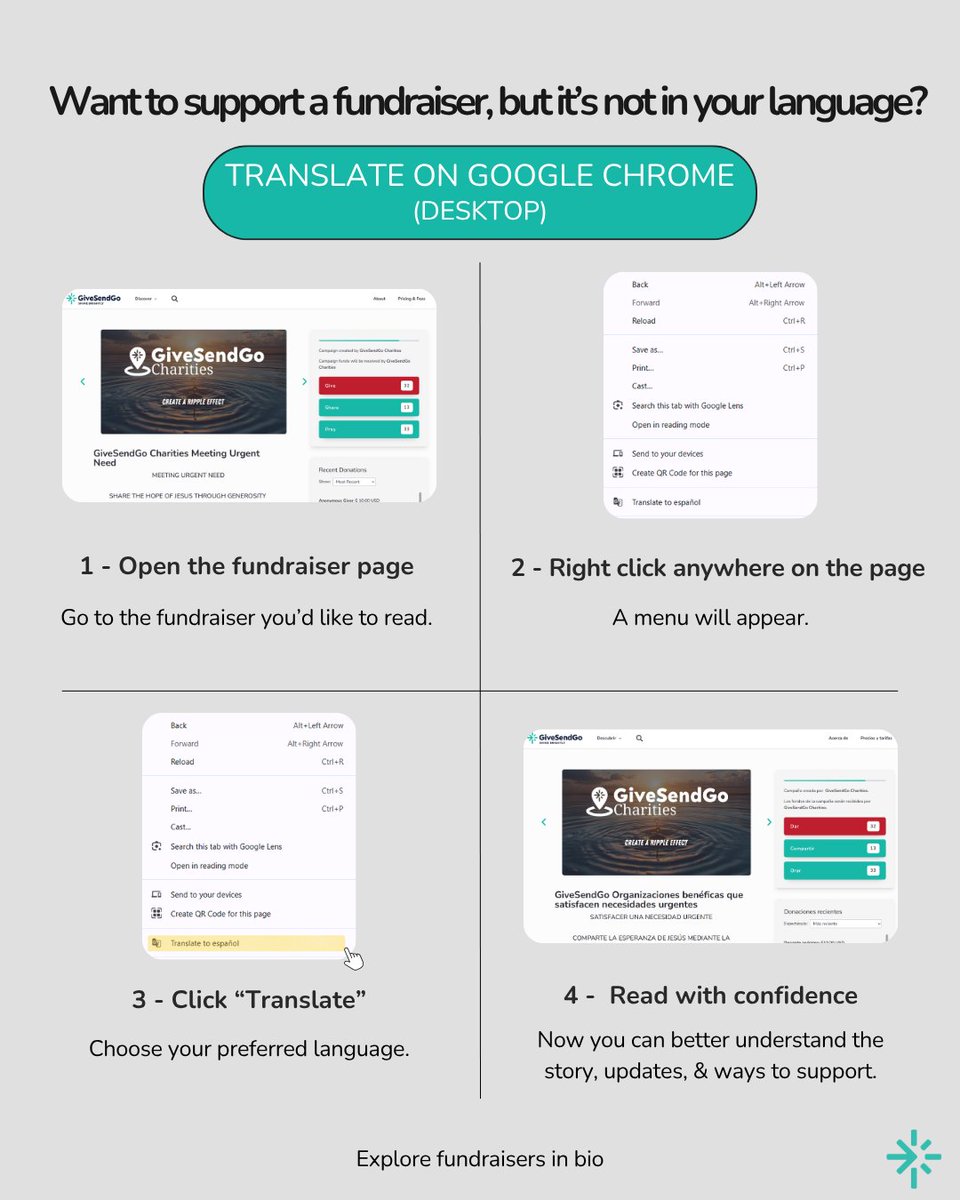 GiveSendGo's tweet image. Want to support a fundraiser, but it’s not in your language?

Swipe through to learn how to translate fundraiser pages on iPhone, Android, and desktop.

Explore causes that matter:
givesendgo.com/campaigns?utm_…

#GiveSendGo