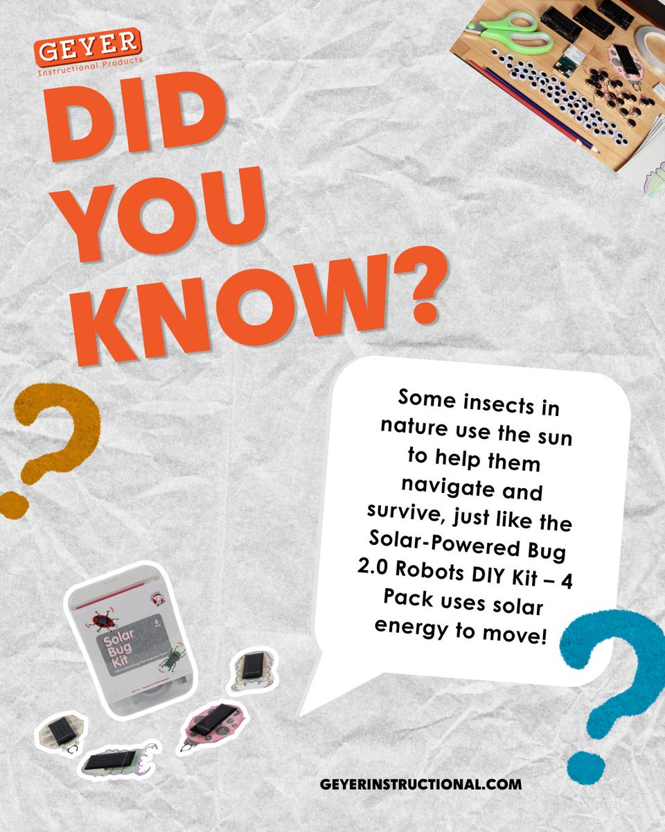 GeyerClassroom's tweet image. ☀️🐞 Did You Know?

Some insects use the sun to navigate, just like the Solar-Powered Bug 2.0 Robots DIY Kit – 4 Pack uses solar energy to move!

Hands-on STEM + solar magic ✨
🌸 Spring Sale is on! Use code SPRING2026

#GeyerInstructional #STEMEducation #SolarBug #SolarPower