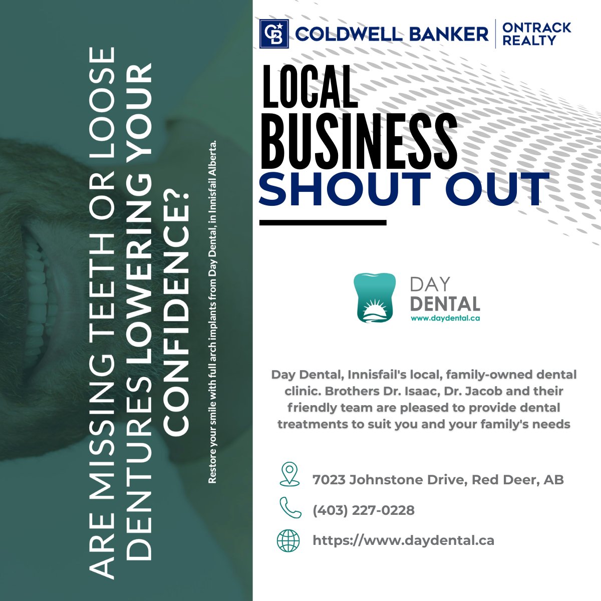 CBOnTrackRealty's tweet image. 🎤🌟 Local Business Shoutout 🌟

🦷✨ Helping Central Alberta smile with confidence through trusted, family focused care!

#SupportLocal #InnisfailBusiness #HealthySmiles #FamilyCare @DayDental