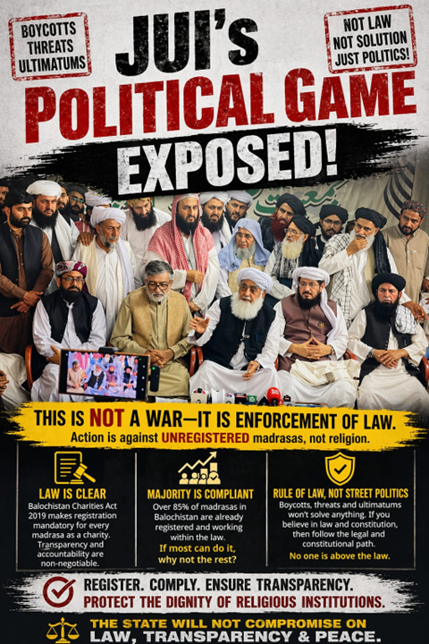 Balochistan0336's tweet image. JUI’s Political Game Exposed
Boycotts, threats, and street politics won’t change facts. This is not a war—it’s enforcement of law. Action targets unregistered madrasas only.
#ConstitutionSupremacy 
#RuleOfLaw 
#TransparencyMatters
#NoToStreetPolitics