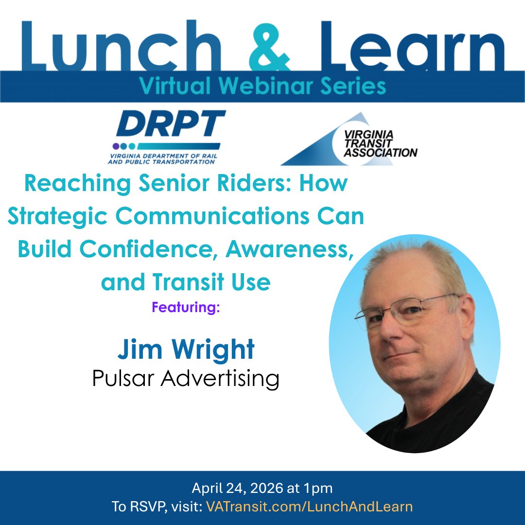 VaTransitAssoc's tweet image. Reminder: Our #LunchAndLearn webinar with Jim Wright from @pulsarad is TODAY at 1pm! If you haven't registered yet, now's a good time to get it on your calendar and join us for lunch! 🚐💙

RSVP now at ➡️ vatransit.com/LunchAndLearn