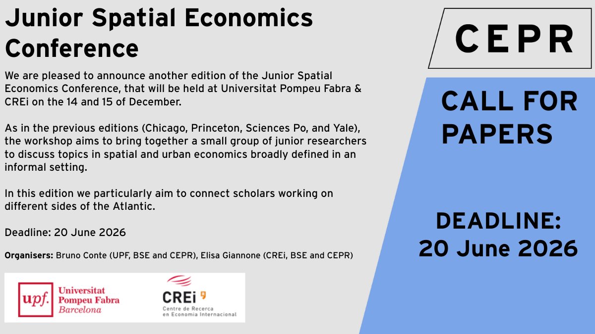 cepr_org's tweet image. 📢#CallForPapers - Junior Spatial Economics Conference 2026
📍Host: @UPFBarcelona |📆14-15 December 2026
⌛Deadline: 20 June 2026
ow.ly/fyTa50YOYaz
@brunoconteleite @eli_gnn