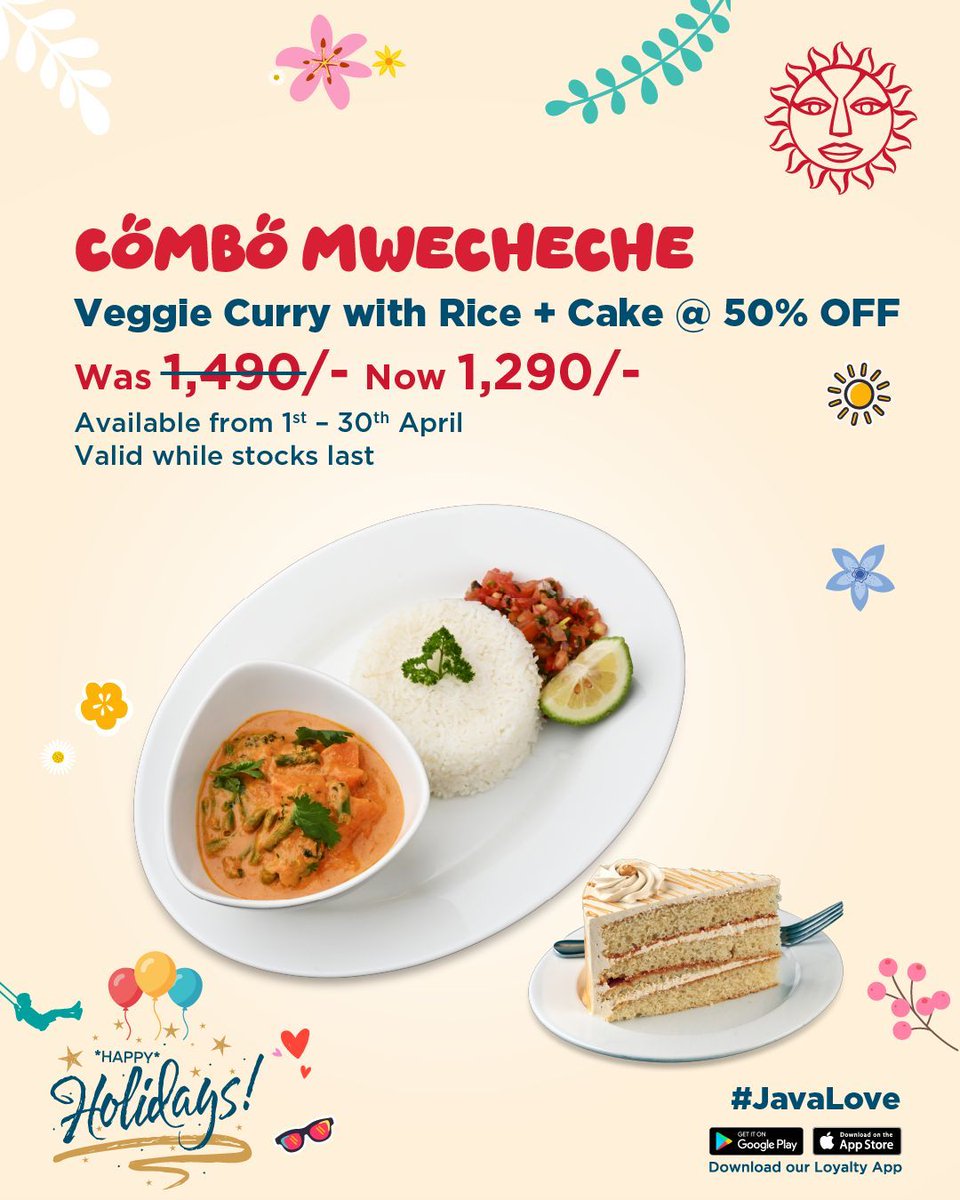 SouthfieldMall's tweet image. @javahouseafrica is serving Veggie Curry with Rice + Cake 🥗🍛🍰 for only Ksh 1,290 (was 1,490).

It’s light, flavorful, and comes with the perfect sweet finish.
⏳ Available till 30th April | While stocks last #JavaLove