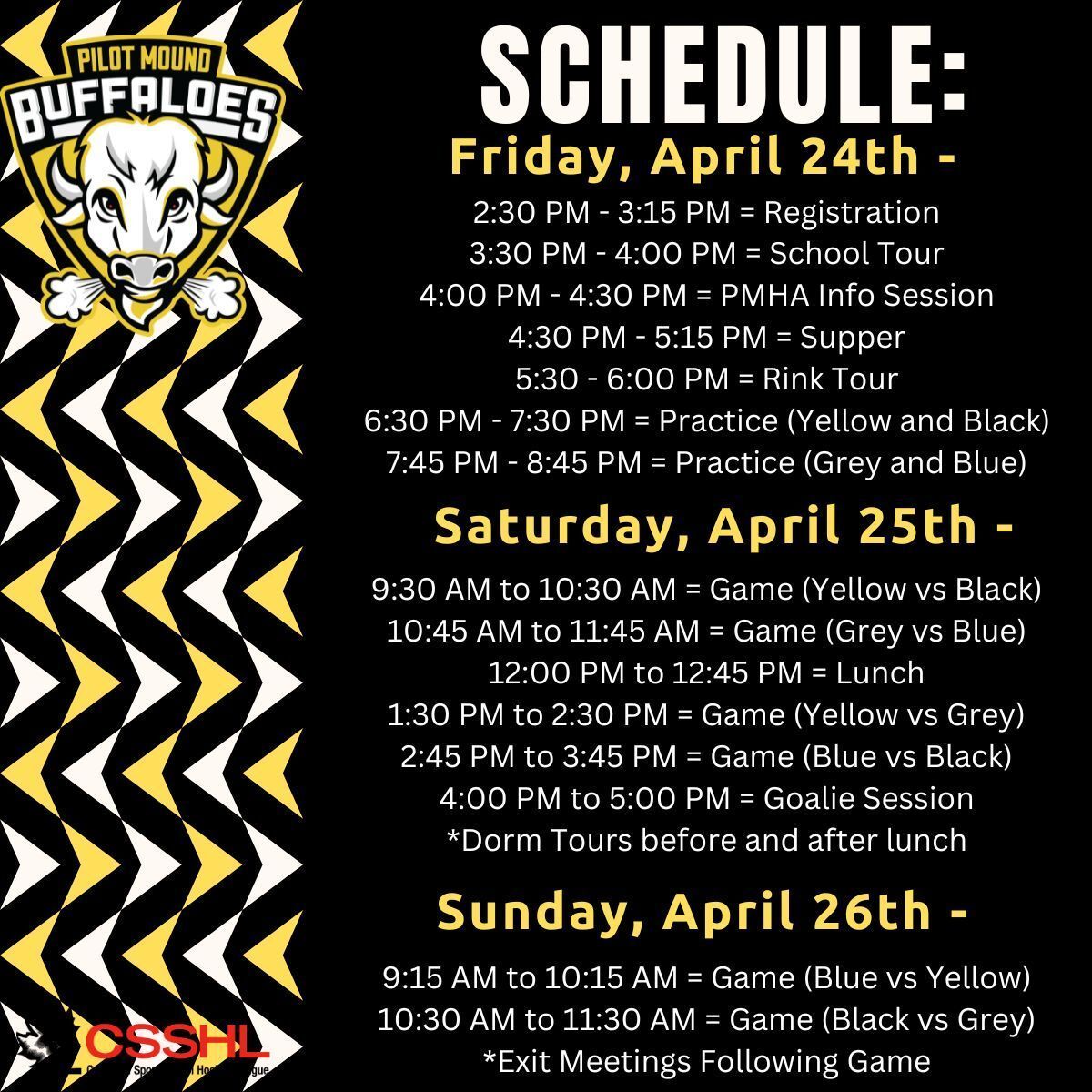 pmbuffaloes's tweet image. Pilot Mound Hockey Academy is excited to welcome our Male U17, Male U17 Prep, and Male U18 Prep Prospects to Pilot Mound for our 2026 Evaluation Camp! Goodluck to all participants! #FearTheBuffs #PMHA #StudentAthletes